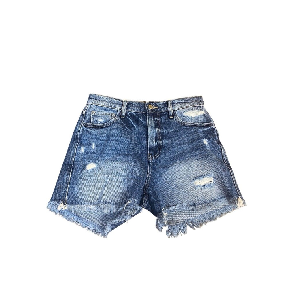 Kancan Distressed Jean Shorts Womens Sz S Medium Wash Blue Denim Frayed Raw Hem